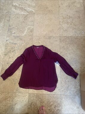 Vince Camuto Deep Plum V-Neck Blouse with Eyelet Trim